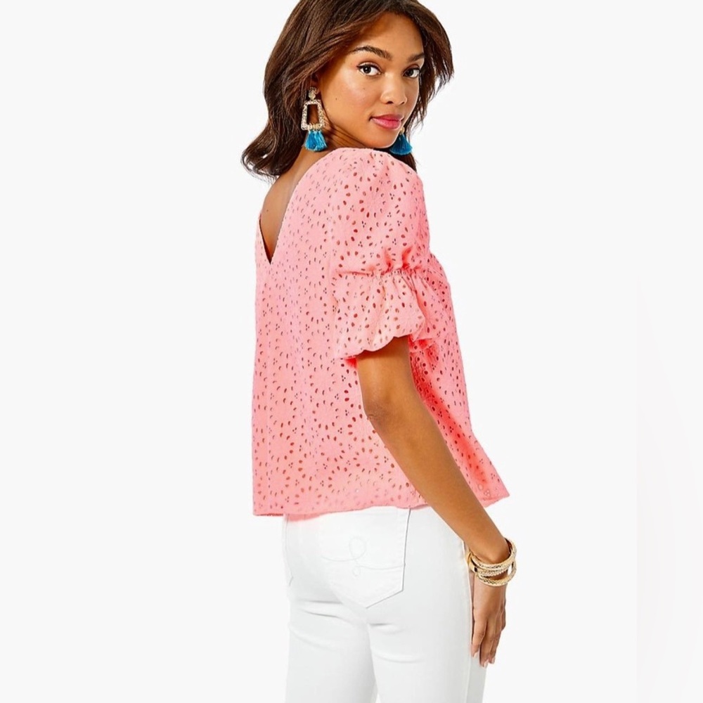 Lilly Pulitzer XXS XS Shaila Puff Sleeve Eyelet Blouse Top Bright Neon Pink‎ - Picture 12 of 14